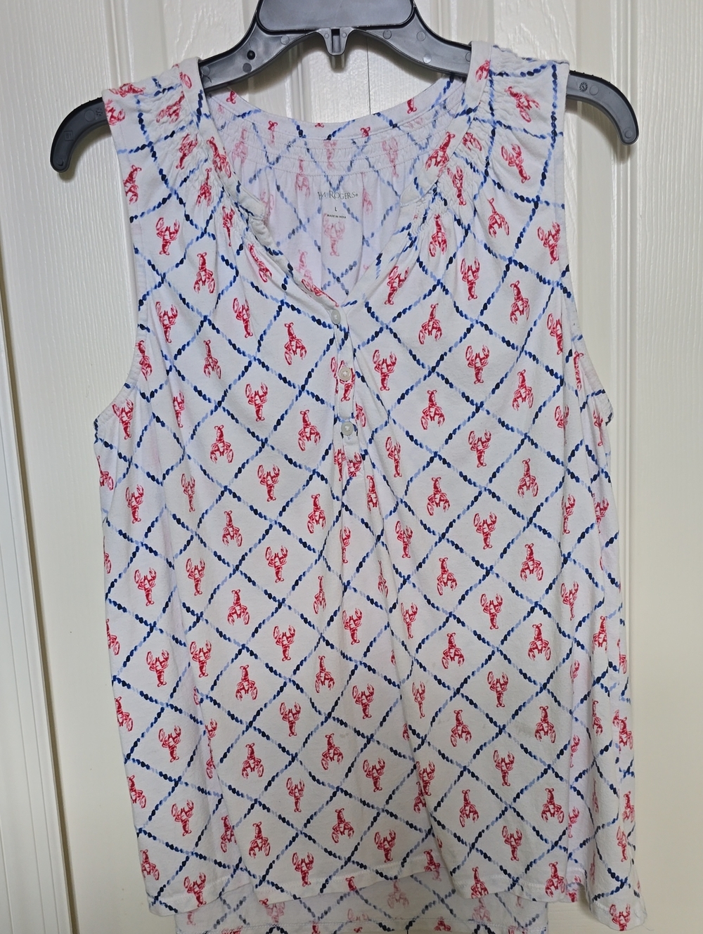 Kim Rogers White Shell Top with Red & Navy Print
